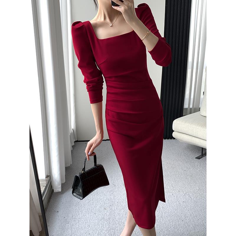 Sexy Square Neckline Long Sleeves Party Dresses-Dresses-Red-S-Free Shipping Leatheretro