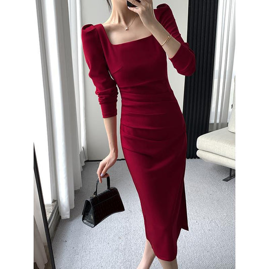 Sexy Square Neckline Long Sleeves Party Dresses-Dresses-Red-S-Free Shipping Leatheretro