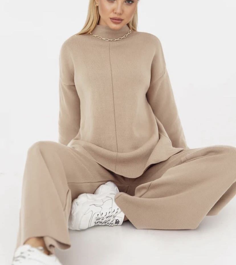 Winter Long Sleeves Knitted Tops and Wide Leg Pants-Suits-Khaki-S-Free Shipping Leatheretro