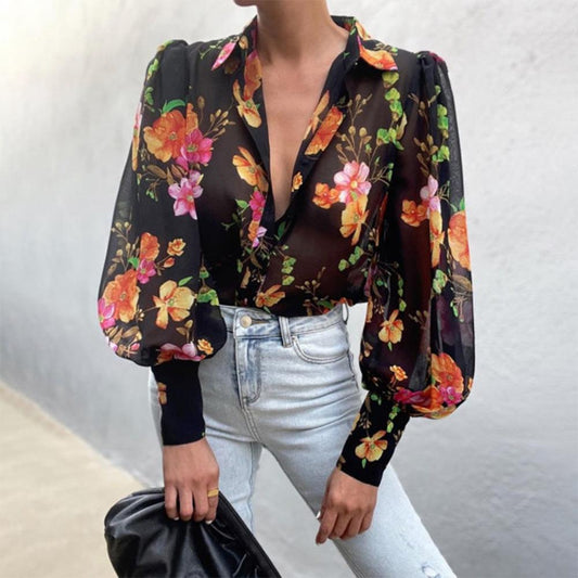 Black Floral Print Long Sleeves T Shirts-Shirts&Blouses-Black-S-Free Shipping Leatheretro