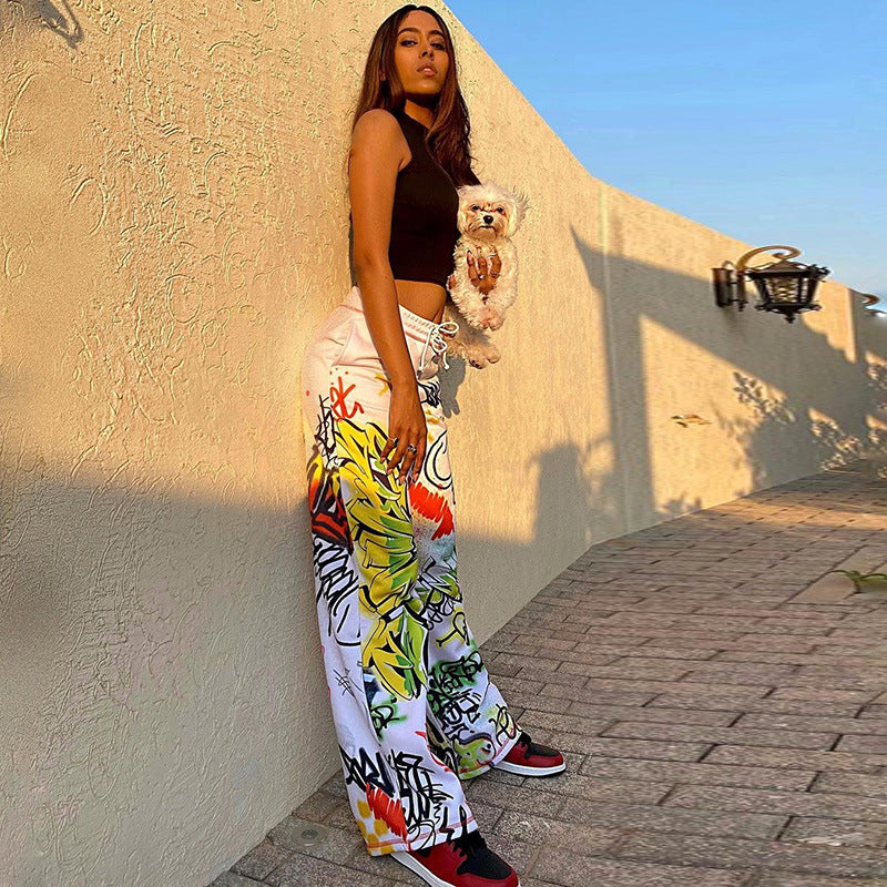 Casual Graffiti Print Wide Legs Pants for Women-Pants-The same as picture-S-Free Shipping Leatheretro