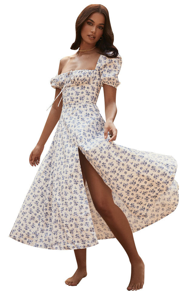 Lovely Summer Floral Print Long Dresses-Dresses-Dark Blue-S-Free Shipping Leatheretro