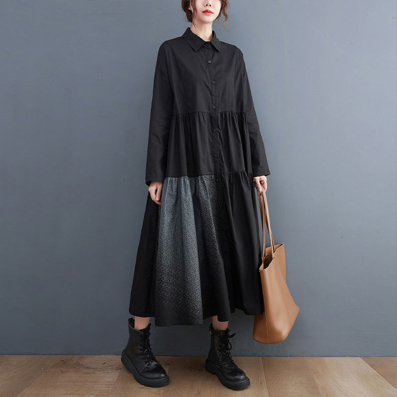Casual Plus Sizes Long Sleeves Cozy Shirt Dresses-Dresses-Black-L-Free Shipping Leatheretro