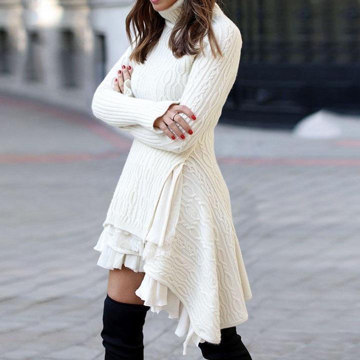 Women Plus Size Winter Sweater Dresses-Mini Dresses-White-S-Free Shipping Leatheretro