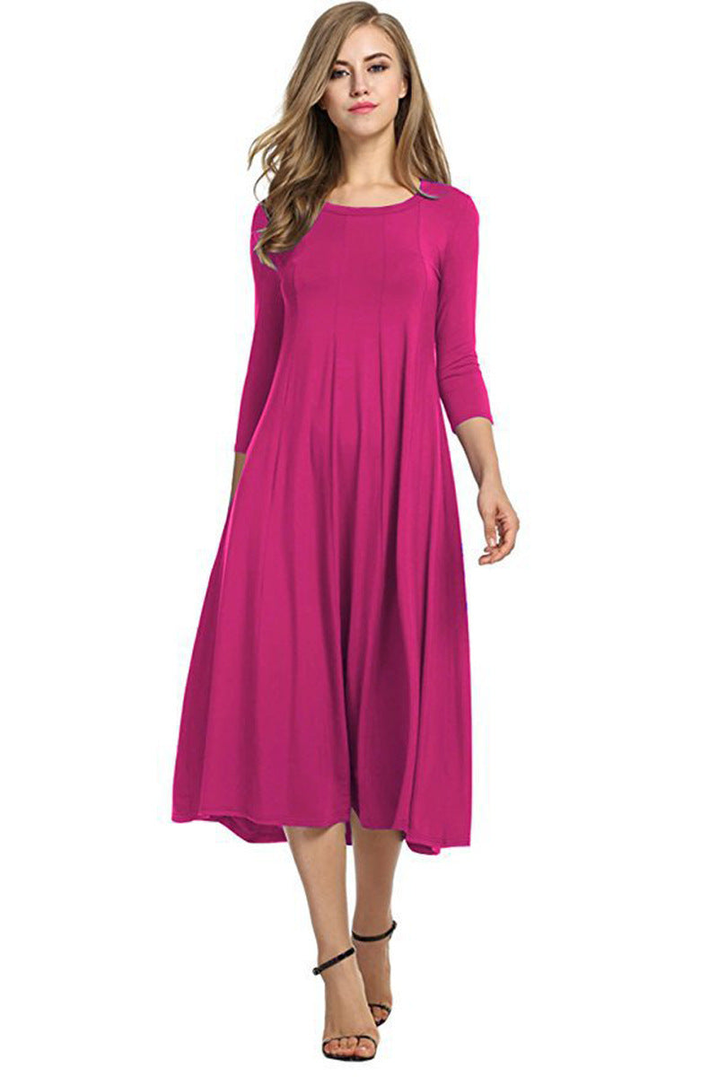 Casual Simple Design Round Neck Midi Dresses-Dresses-Rose Red-S-Free Shipping Leatheretro