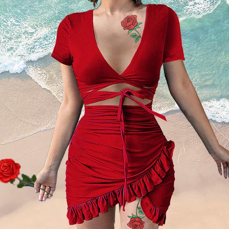 Sexy V-neck Irregular Tight Mini Dresses-Sexy Dresses-Red-L-Free Shipping Leatheretro
