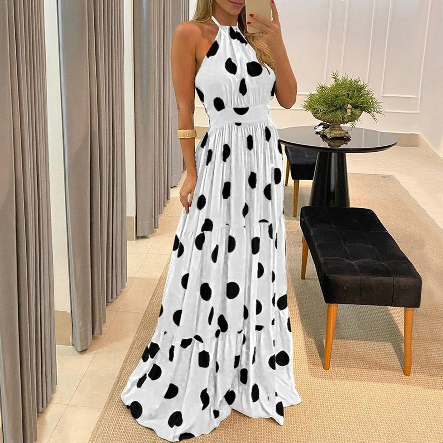 Fashion Floral Print Dot Long Maxi Dresses-Maxi Dresses-White-S-Free Shipping Leatheretro