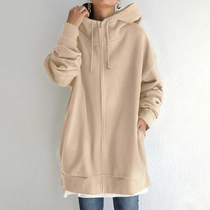 Women Plus Sizes Zipper Velvet Hoodies-Hoodies-Khaki-S-Free Shipping Leatheretro