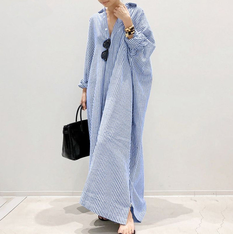 Casual Striped Plus Sizes Irregular Women Long Cozy Dresses-Dresses-Gray-S-Free Shipping Leatheretro