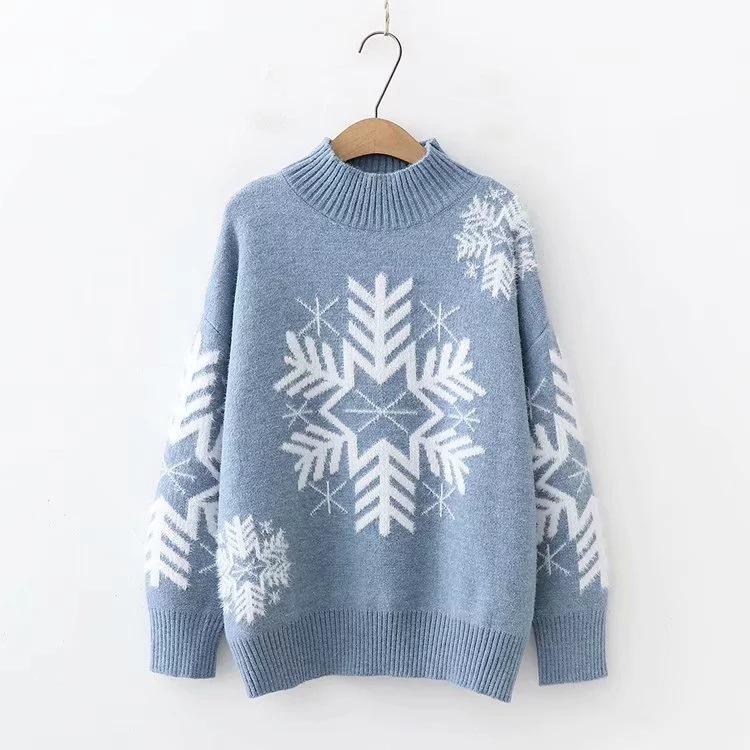 Christmas Snowflake High Neck Knitting Women Sweaters-Shirts & Tops-Blue-One Size-Free Shipping Leatheretro