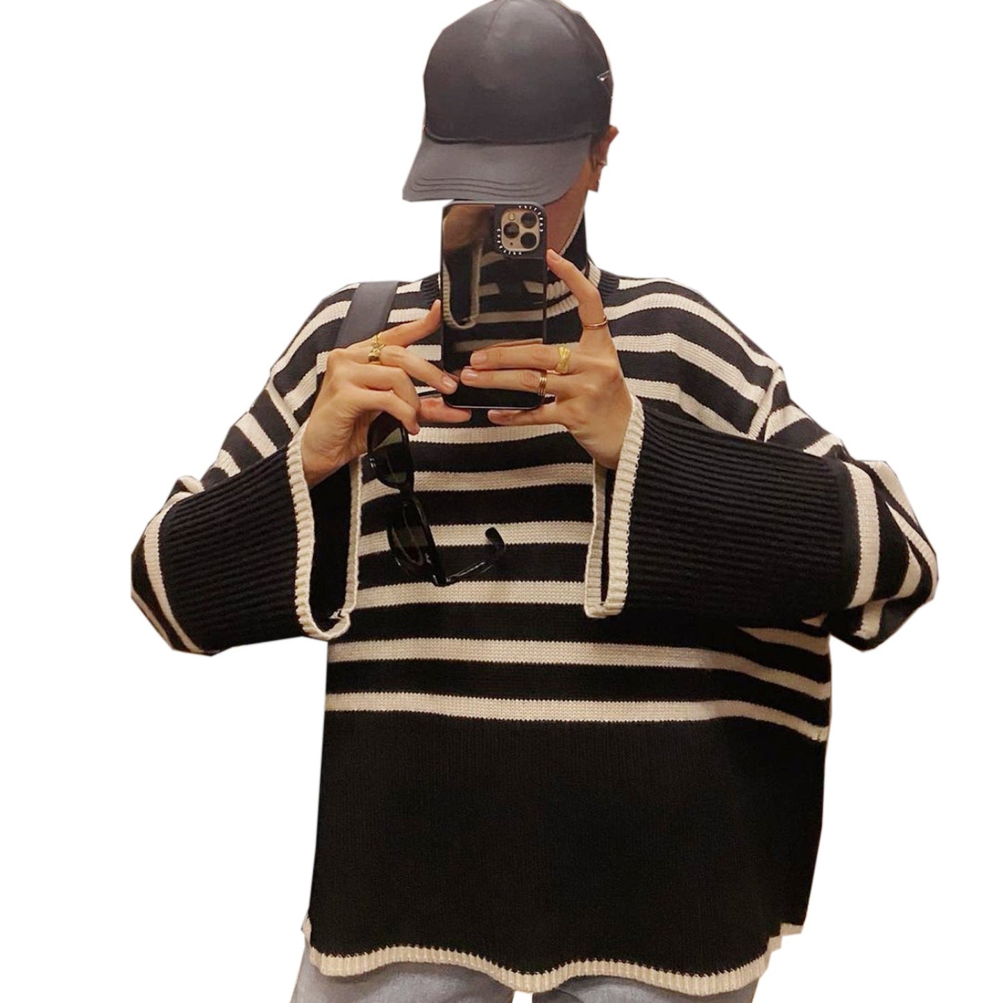 Fashion High Neck Striped Pullover Sweaters-Shirts & Tops-Black Stripe-S-Free Shipping Leatheretro