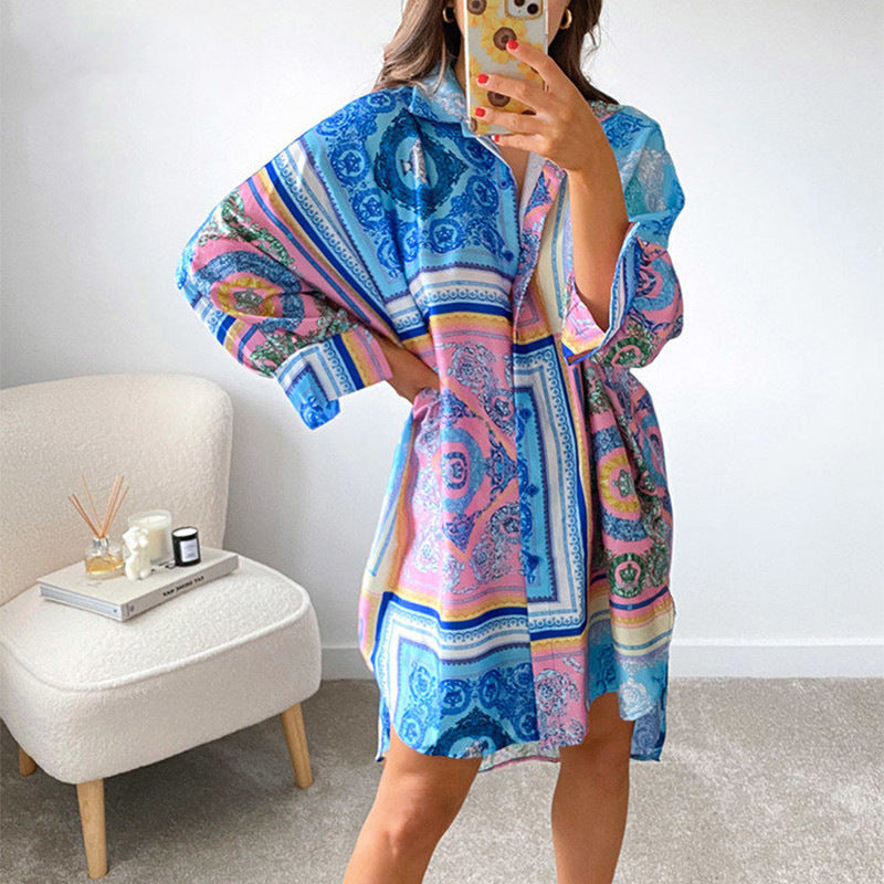 Casual Printed Long Women Loose Shirts-Dresses-Green-S-Free Shipping Leatheretro
