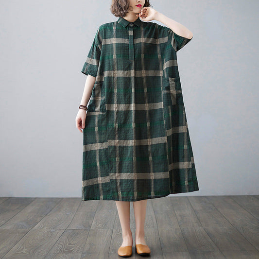 Summer Casual Linen Plus Sizes Midi Dresses-Dresses-Green-XL-Free Shipping Leatheretro