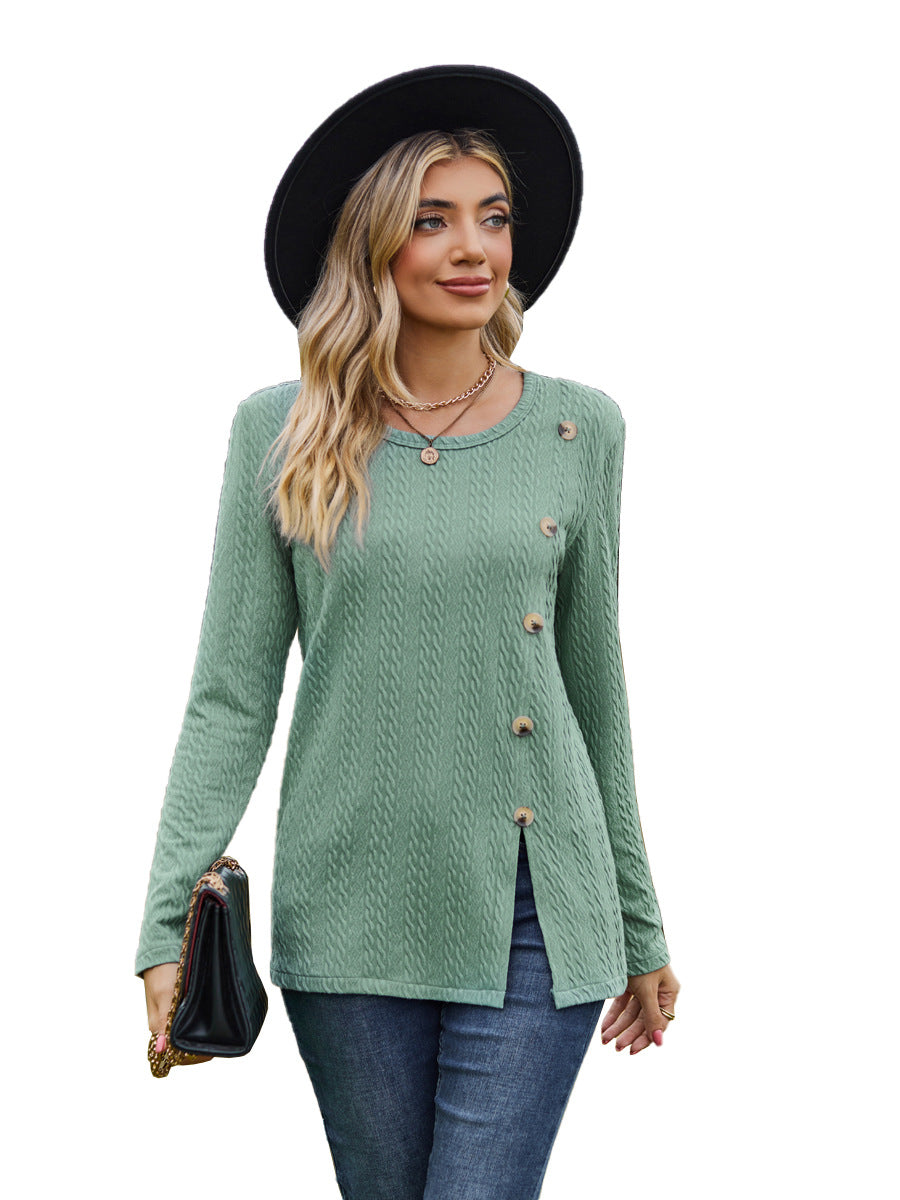 Fashion Round Neckline Button Long Sleeves Shirts-Shirts & Tops-Dark Green-S-Free Shipping Leatheretro