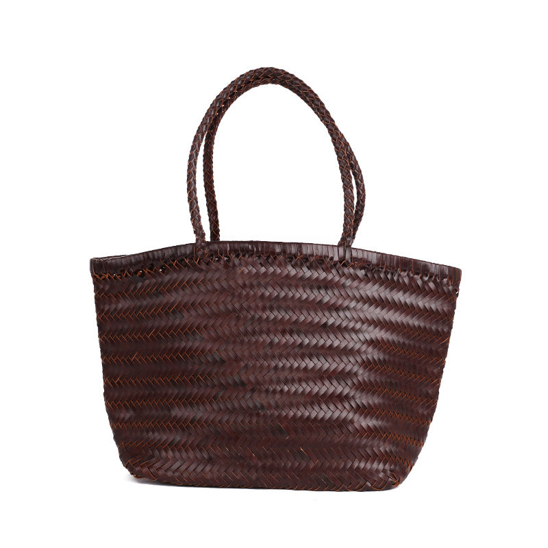 Handmade Woven Cowhide Leather Tote Bags for Women-Handbag & Wallet Accessories-Coffee-Free Shipping Leatheretro