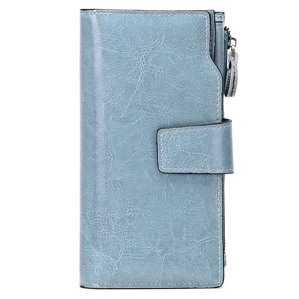 Women Leather Long Wallet with Cellphone Pocket 5156-Leather wallet-Light Blue-Free Shipping Leatheretro