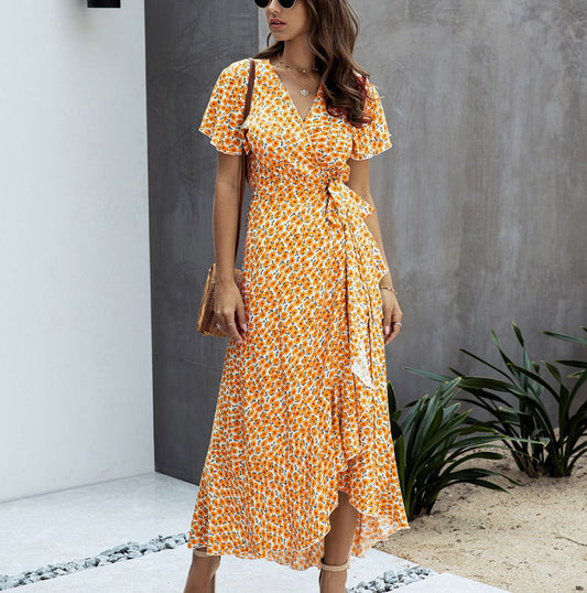 Summer Casual Dot Print Ruffled Short Sleeves Long Dresses-Dresses-F-001-S-Free Shipping Leatheretro