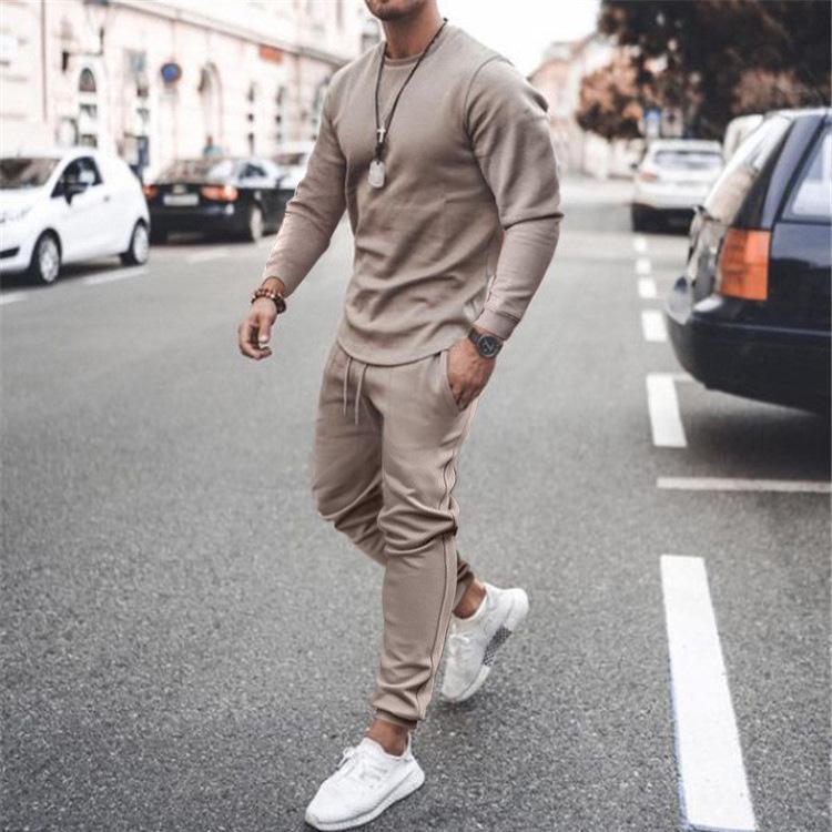 Casual Long Sleeves Men Two Pieces Suits-Men Suits-Khaki-M-Free Shipping Leatheretro