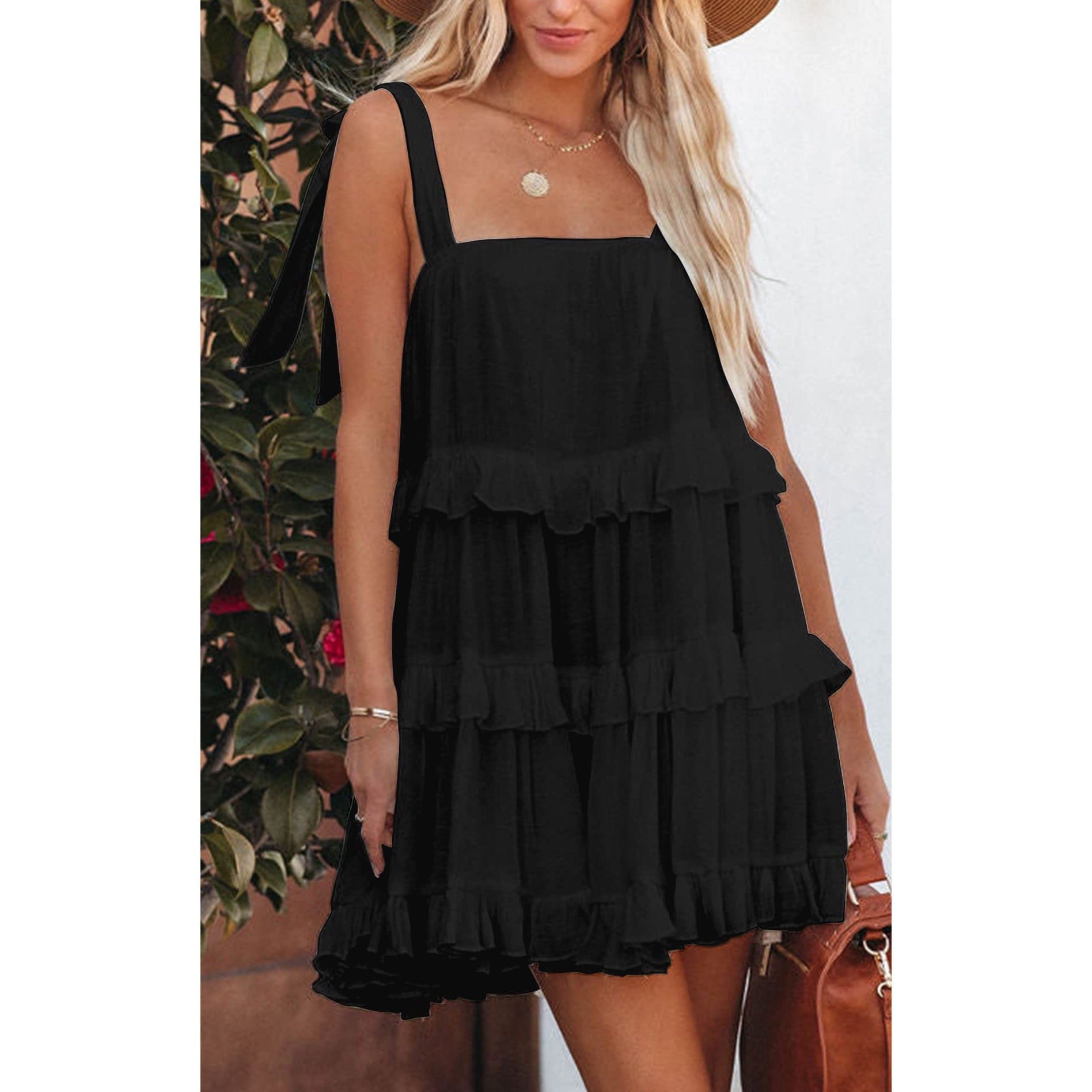 Casual Summer Ruffled Cake Style Mini Dresses-Dresses-Black-S-Free Shipping Leatheretro