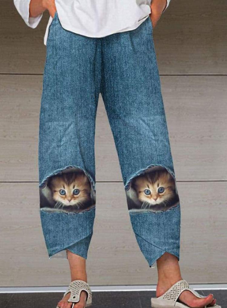 Casual Cat Print Women Denim Trousers-Hakama Trousers-The same as picture-M-Free Shipping Leatheretro