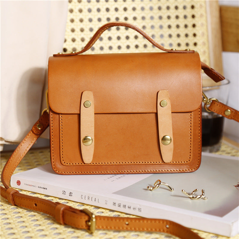 Cowhide Vege Tanned Leather Messager Handbag for Women 8025-Handbags-Brown-Free Shipping Leatheretro