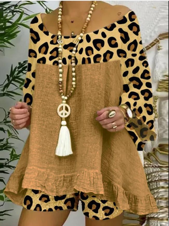 Plus Size Summer Leopard Linen Blouses&Shorts Suits-Shirts&Blouses-Dark Khaki-S-Free Shipping Leatheretro
