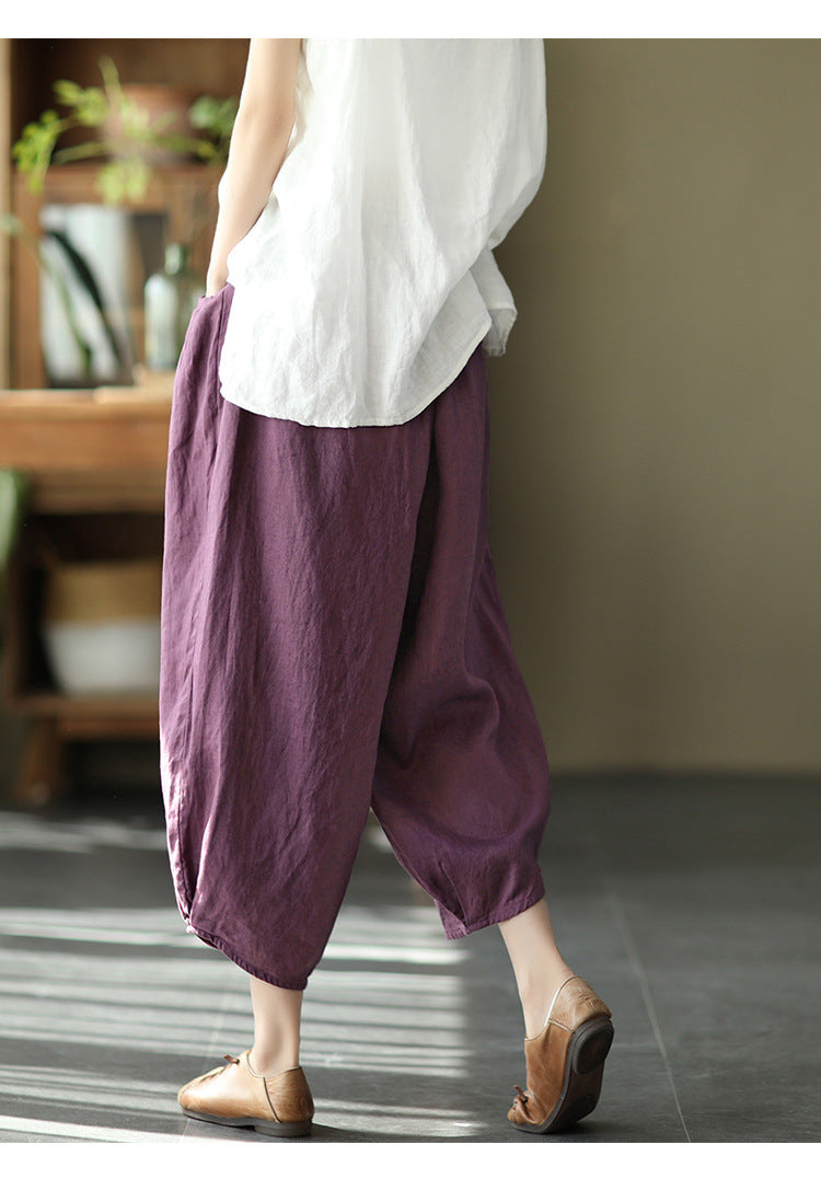 Vintage Elastic Waist Linen Summer Trousers for Women-Pants-White-M-Free Shipping Leatheretro