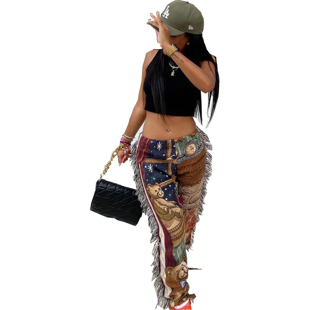 Designed Fashion Cartoon Tassels Pants for Women-Pants-Khaki-S-Free Shipping Leatheretro