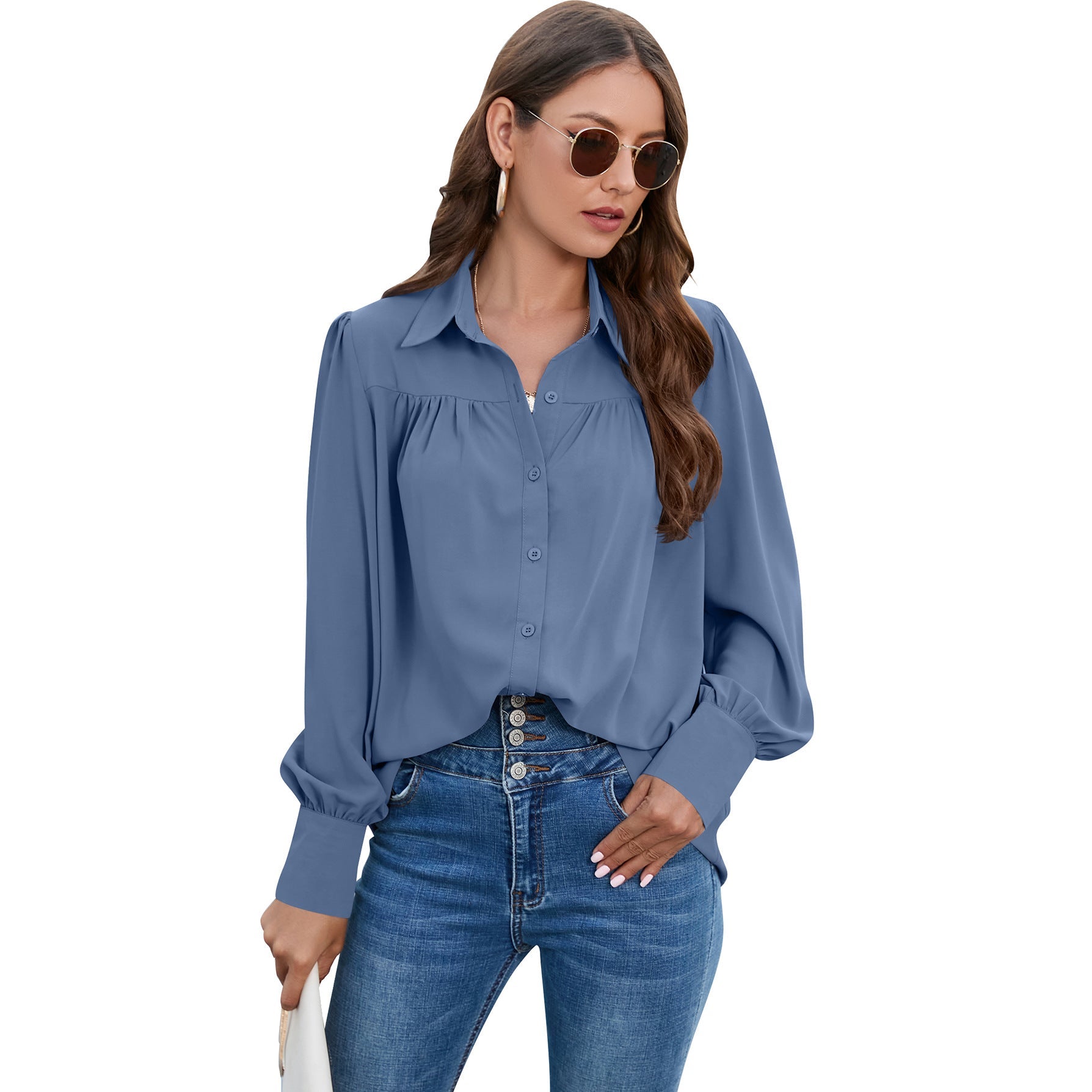 Casual Chiffon Long Sleeves Blouses for Women-Shirts & Tops-Blue-S-Free Shipping Leatheretro