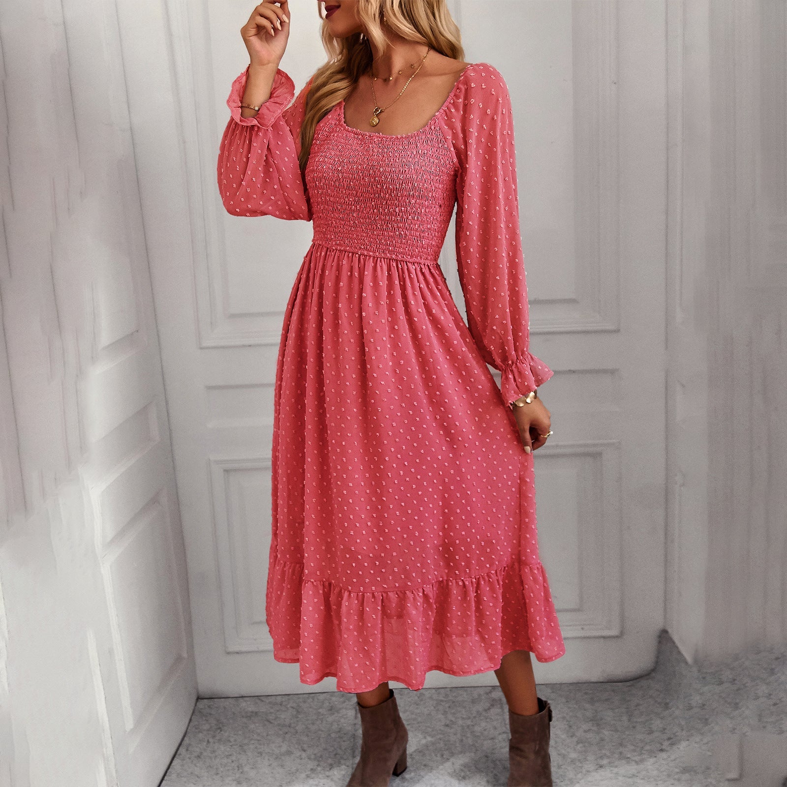 Elegant Square Neckline Summer Holiday Dresses-Dresses-Pink-S-Free Shipping Leatheretro
