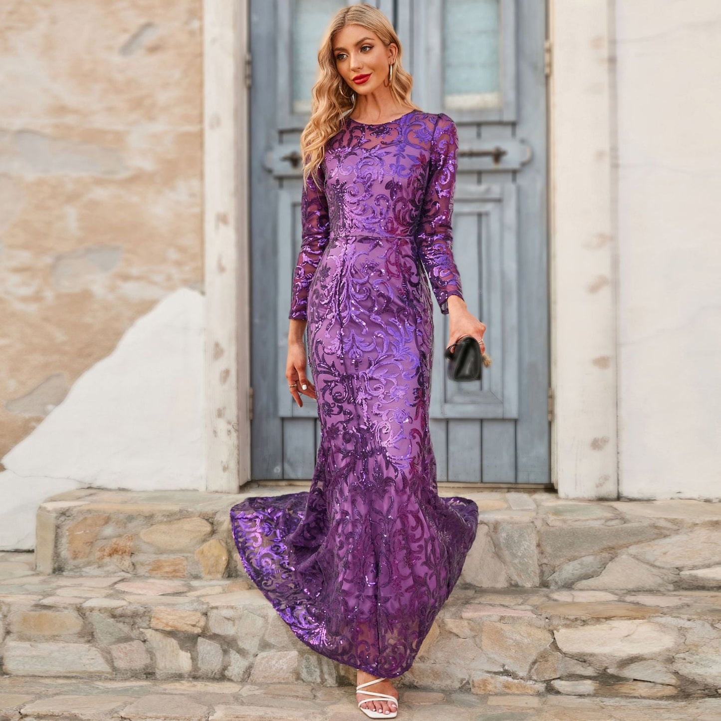 Elegant Round Neck Long Evening Dresses-Dresses-Purple-S-Free Shipping Leatheretro