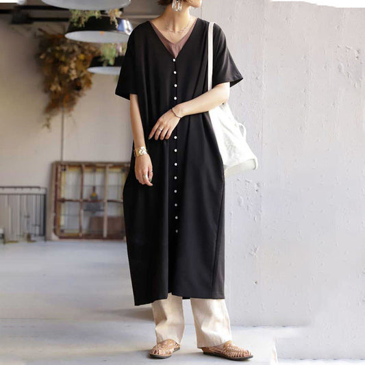 Casual Summer V Neck Long Cozy Dresses-Dresses-Black-M-Free Shipping Leatheretro