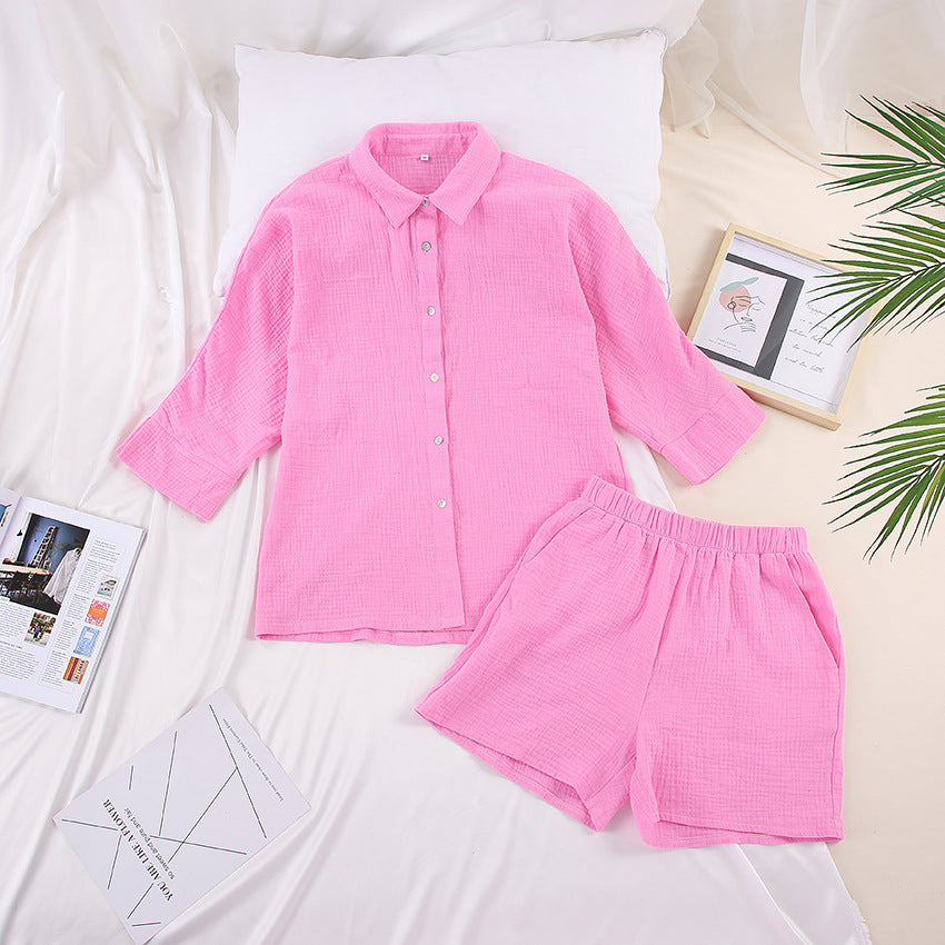 Women Cotton Two Pieces Shirts and Crop Shorts Sets-Suits-White-S-Free Shipping Leatheretro