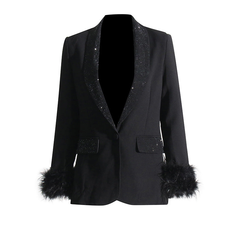 Luxury Designed Feather Blazer Coat for Women-Coats & Jackets-Black-S-Free Shipping Leatheretro
