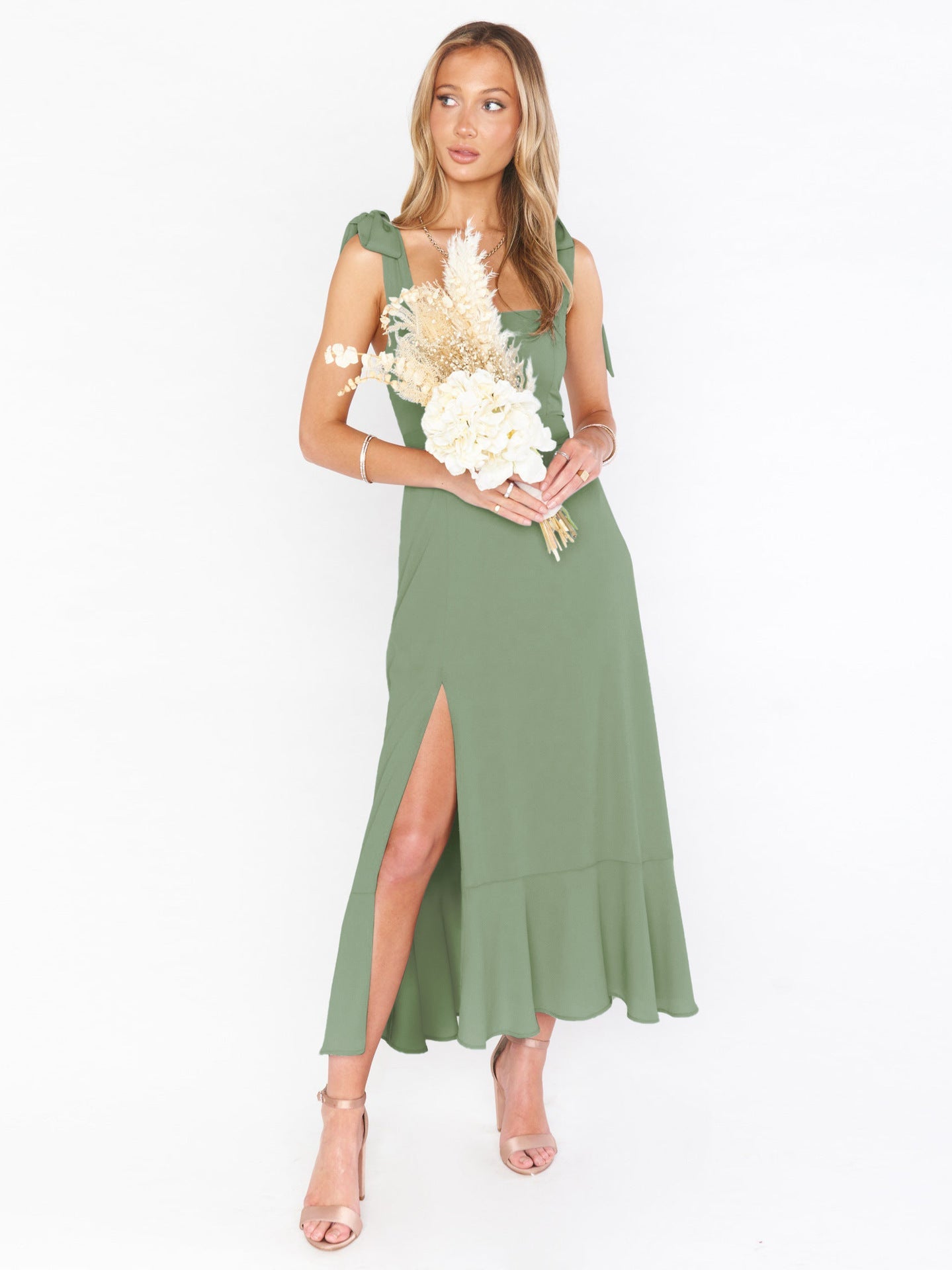 Fashion Summer Split Front Midi Dresses for Women-Dresses-Green-1-S-Free Shipping Leatheretro