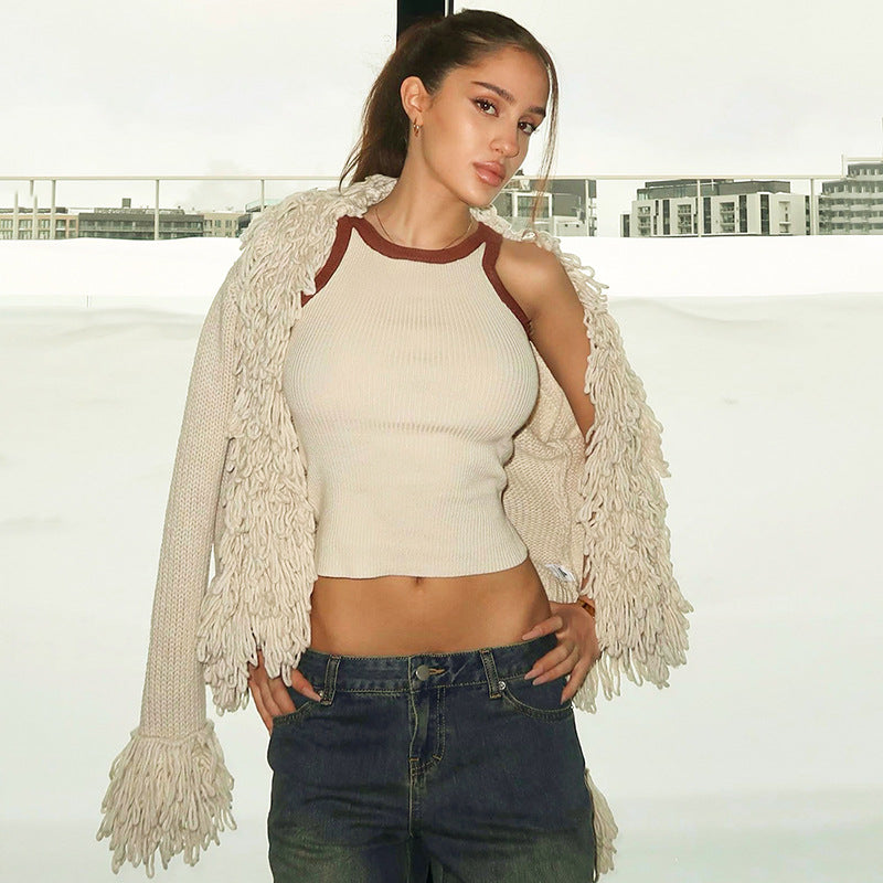 Fashion Long Sleeves Tassels Knitted Sweaters-Outerwear-Apricot-S-Free Shipping Leatheretro