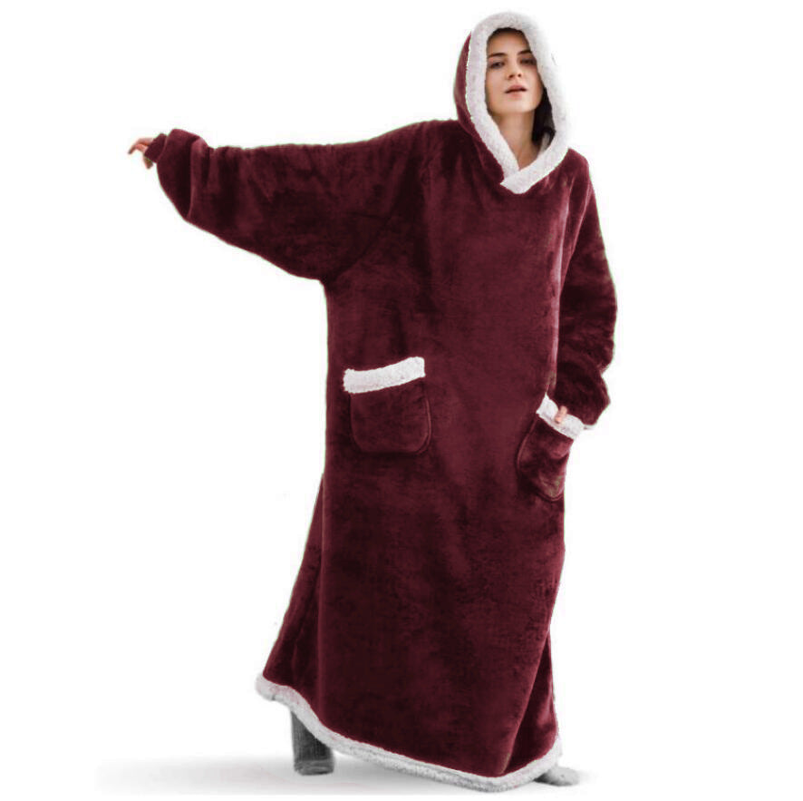 Winter Fleece Warm Long Hoodies Blanket-Sleepwear & Loungewear-Wine Red-120cm-Free Shipping Leatheretro