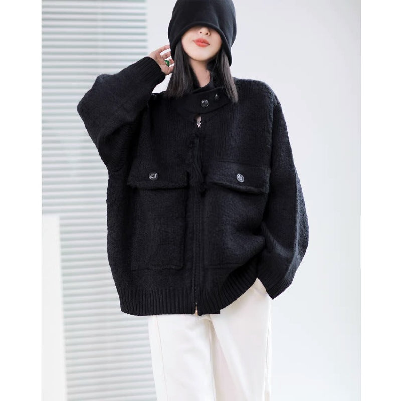 Women Zipper Knitting Cardigan Sweater Coats-Shirts & Tops-Black-Thicken-One Size-Free Shipping Leatheretro