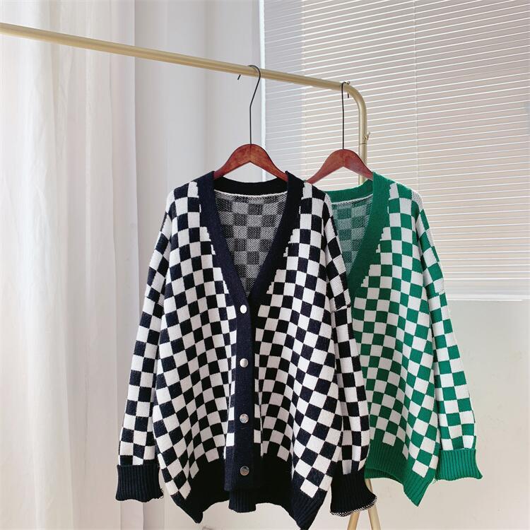 Women Chessboard Print Loose Knitting Cardigans-Shirts & Tops-Green-One Size-Free Shipping Leatheretro