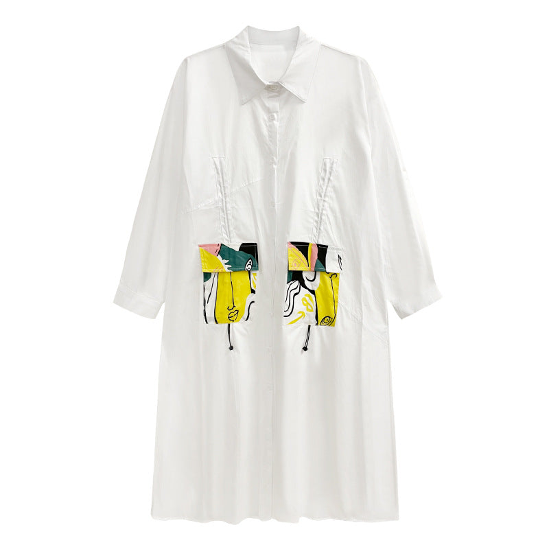 Designed Plus Sizes Long Sleeves Midi Shirts Dresses-White-One Size-Free Shipping Leatheretro