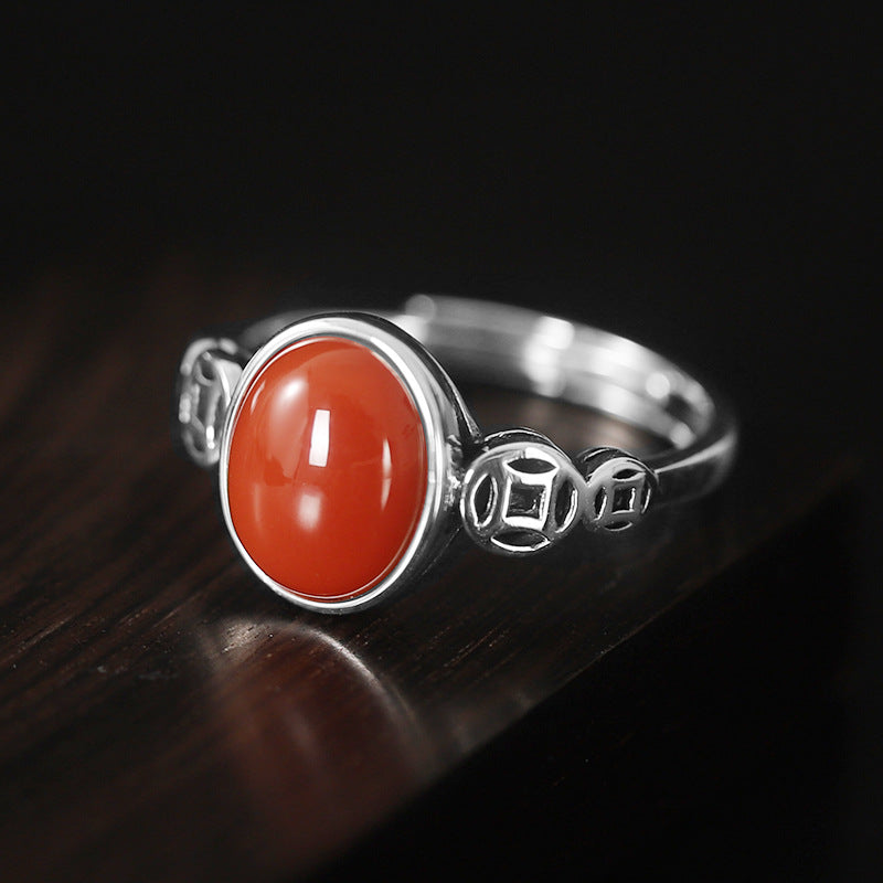 Vintage Designed Silver Rings for Women-Rings-Red-Adjustable-Open-Free Shipping Leatheretro