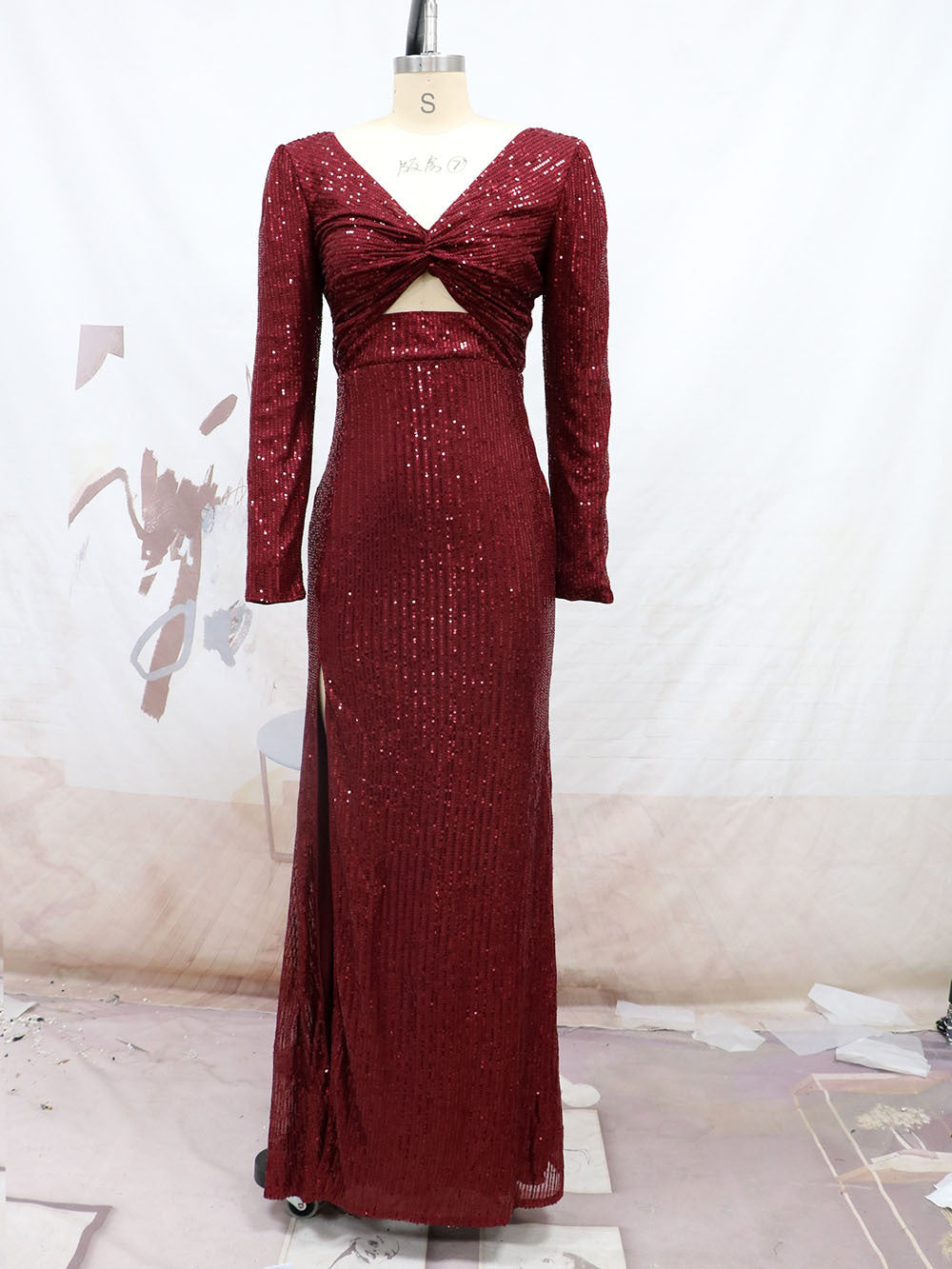 Sexy Long Sleeves Sequined Evening Dresses-Dresses-Wine Red-S-Free Shipping Leatheretro