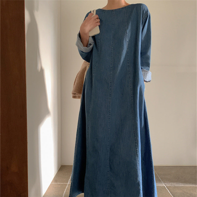 Casual Simple Design Denim Long Cozy Dresses-Dresses-Blue-S-Free Shipping Leatheretro