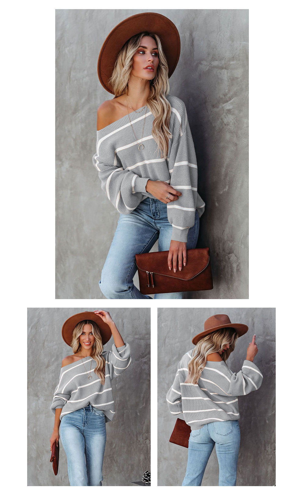 Women Off The Shoulder Striped Knitted Pullover Sweaters-Shirts & Tops-Black-S-Free Shipping Leatheretro