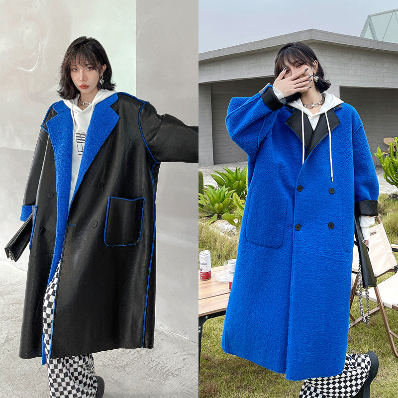 Reversible Leather Fur Thicken Winter Blazer Long Overcoat-Outerwear-Blue-One Size-Free Shipping Leatheretro