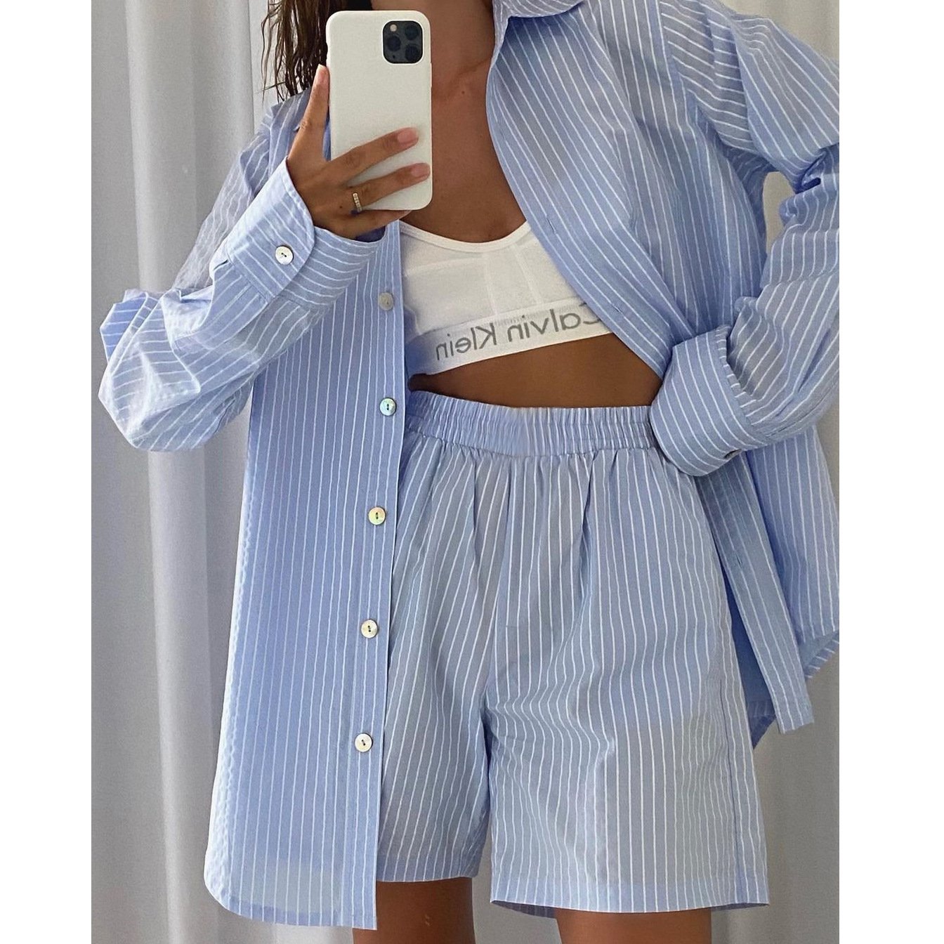 Fashion Leisure Summer Striped Two Pieces Suits-Women Suits-Blue-S-Free Shipping Leatheretro