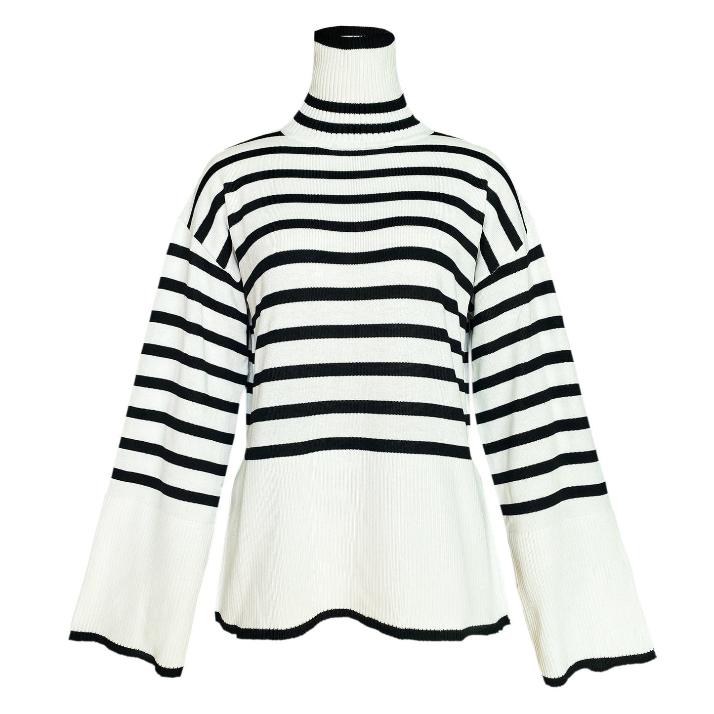 Women High Neck Knitting Striped Sweaters-Shirts & Tops-Black-S-Free Shipping Leatheretro