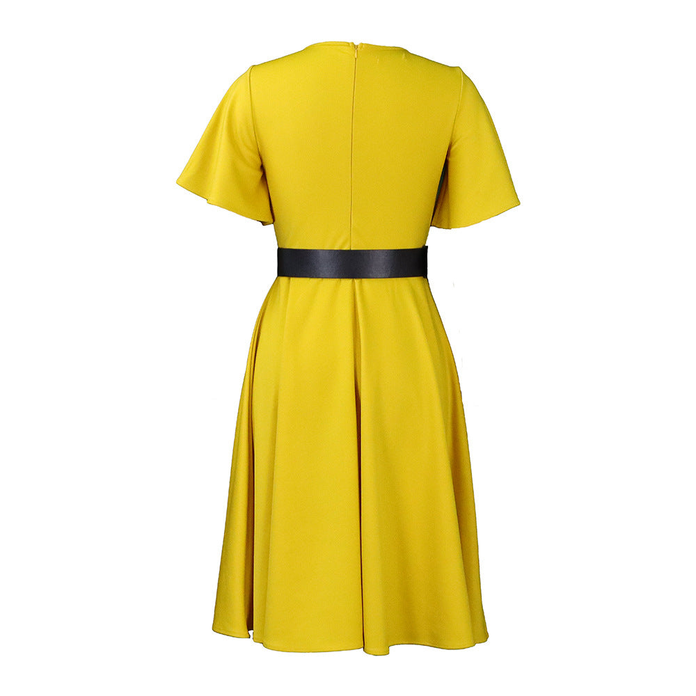 Women Plus Sizes Dresses with Belt-Dresses-Yellow-S-Free Shipping Leatheretro