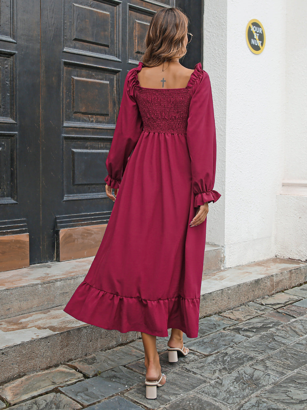 Casual Ruffled Long Sleeves Fall Dresses-Dresses-Wine Red-S-Free Shipping Leatheretro