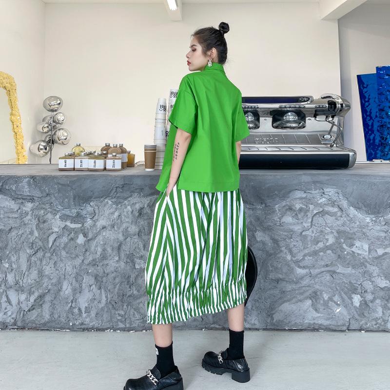 Fashion Personal Striped Shirts&skirts Two Pieces Sets-Two Pieces Suits-Green-Top-One Size-Free Shipping Leatheretro